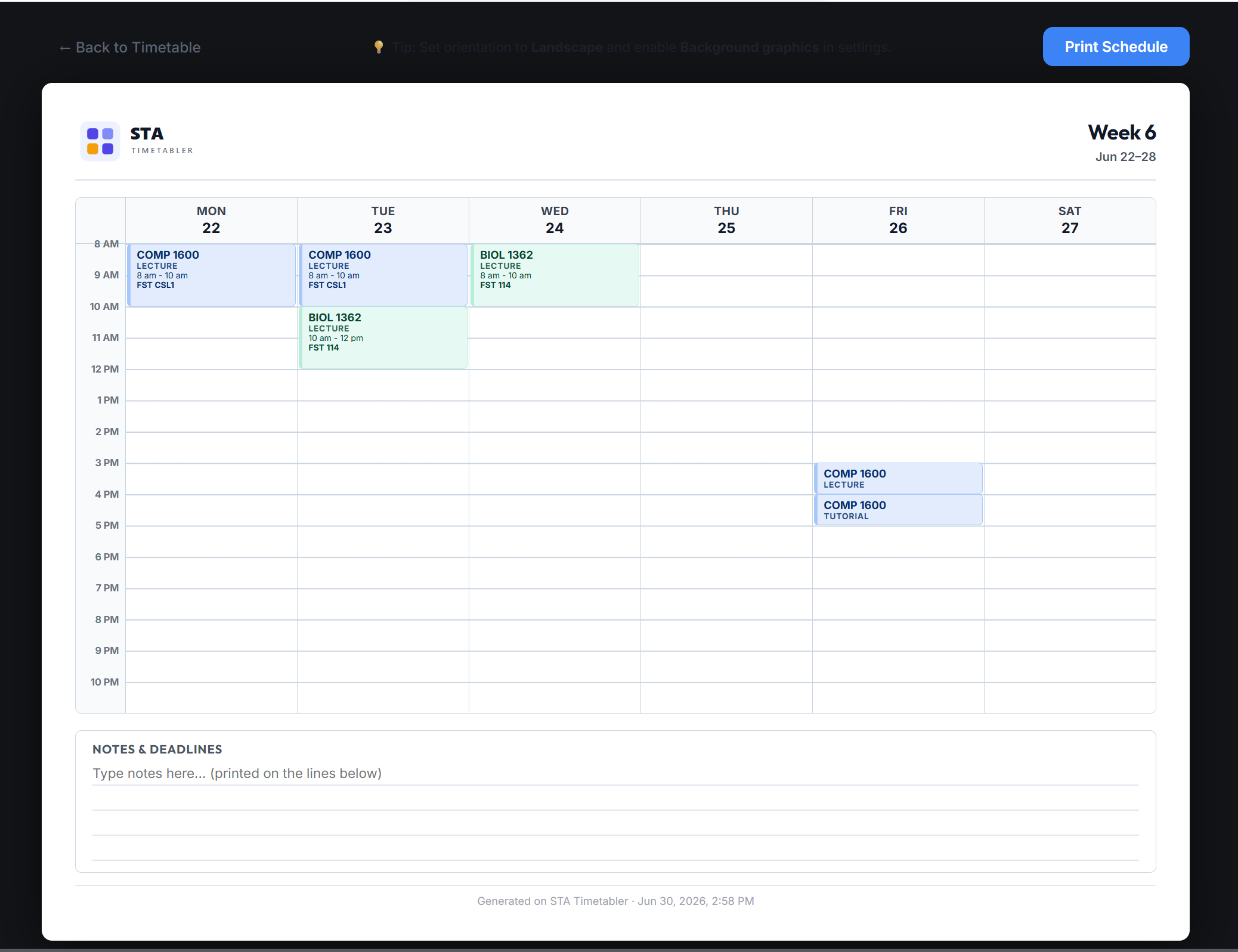 Printable landscape timetable preview with custom notes